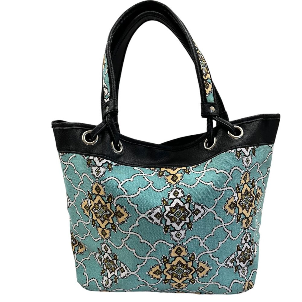 Daisy Paisley Fabric Tote Bag - Aqua, White, Brown